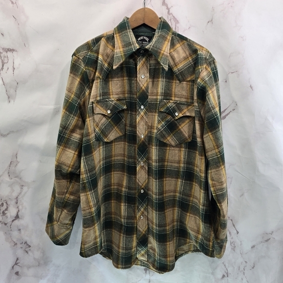 Vintage Other - West Wool Shirt Mens XL Long Yellow Green 70s Pearl Snap Plaid Western Point